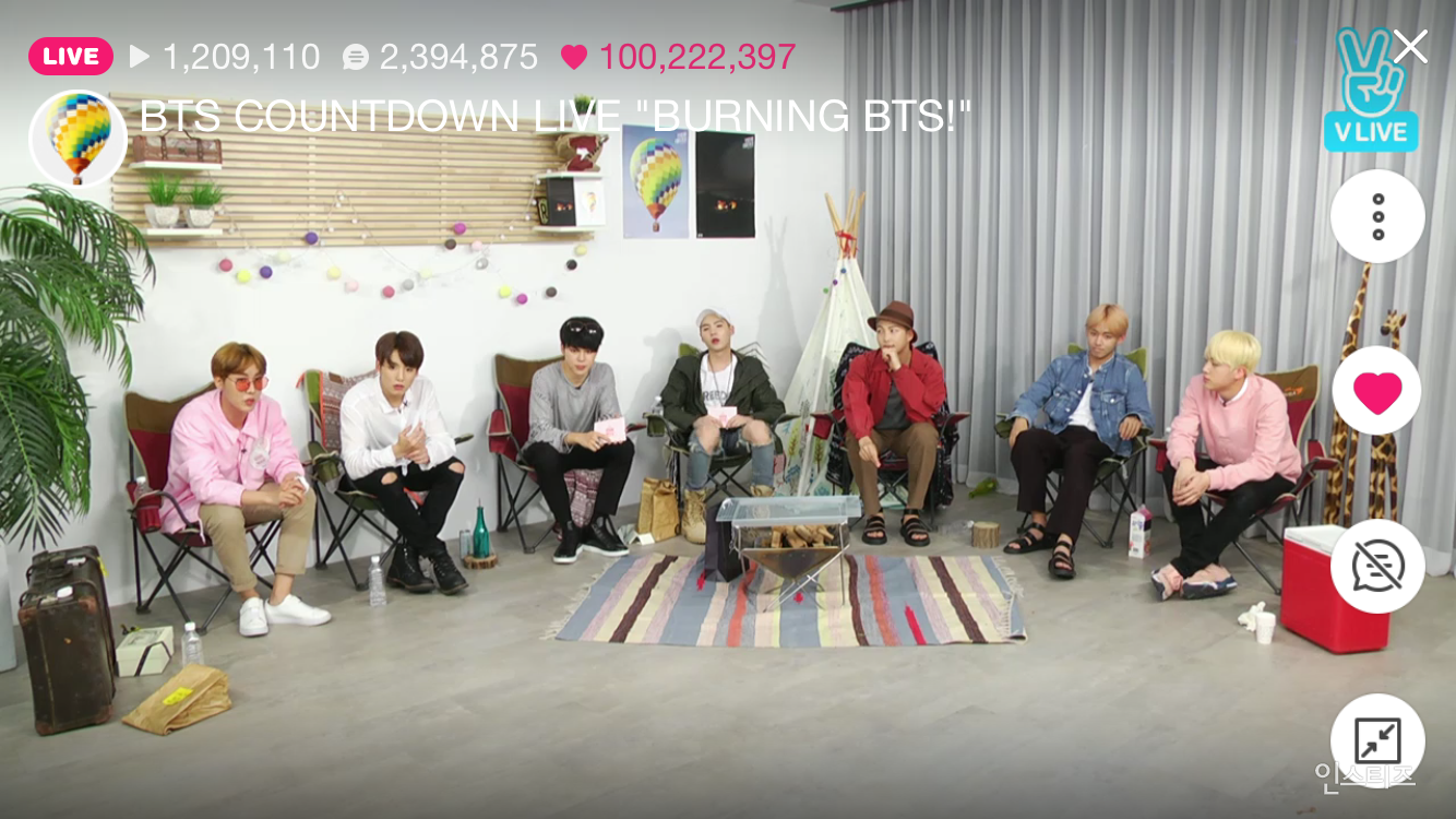 오늘자 브이앱 생방송 하트 수 1억개 넘은 아이돌.bts | 인스티즈